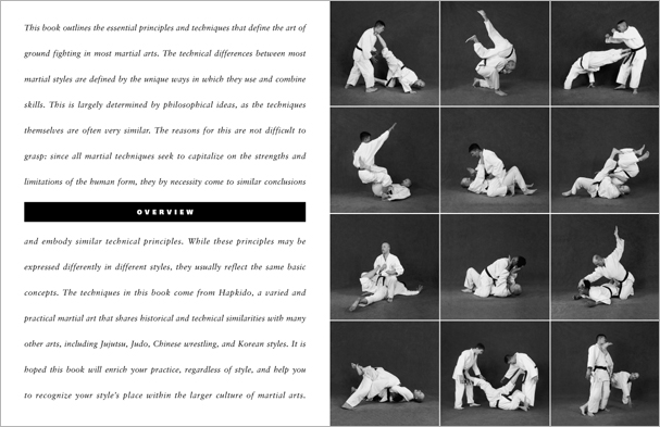 Sample pages from 'The Art of Ground Fighting'; one in a series of remarkable books that provide an in-depth look at the core concepts and techniques shared by a broad range of martial arts styles. Contains basics plus over 195 practical skills including chokes, joint locks, pins, ground kicks, sacrifice techniques, escapes, and counters from seated, reclining, and kneeling positions.