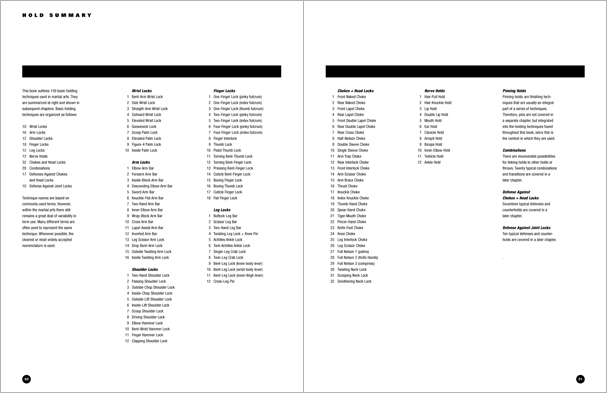 Sample pages from 'The Art of Holding'; one in a series of remarkable books that provide an in-depth look at the core concepts and techniques shared by a broad range of martial arts styles. Contains over 155 practical holds including joint locks, chokes, nerve holds, takedowns, pins, advanced combinations, and counterholds.