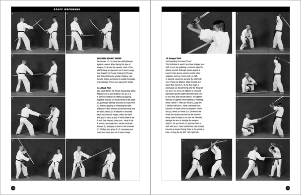 Sample pages from 'The Art of Weapons'; armed and unarmed self-defense involving common weapons; one in a series of remarkable books that provide an in-depth look at the core concepts and techniques shared by a broad range of martial arts styles. Contains over 350 practical techniques organized into in-depth chapters on the knife, short-stick, staff, cane, rope, common objects, and defense against handgun.