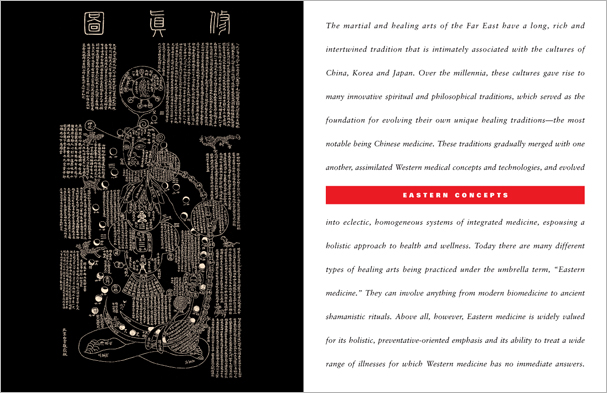 Sample pages from 'Essential Anatomy for Healing and Martial Arts'; a unique book that familiarizes healing practitioners and martial artists with basic concepts of the human body, as defined by both Western and Eastern medical traditions. Comprehensive, easy to understand, and lavishly illustrated in full color. Specially designed for students, healing professionals, and martial artists.