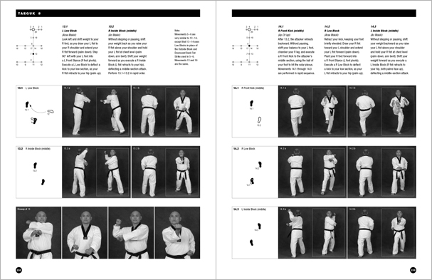 Sample pages from 'Taekwondo: Complete WTF Forms', an in-depth look at Taekwondo's most popular forms systems: Palgwae, Taeguk, and WTF Black Belt. Includes footwork diagrams and self-defense use.