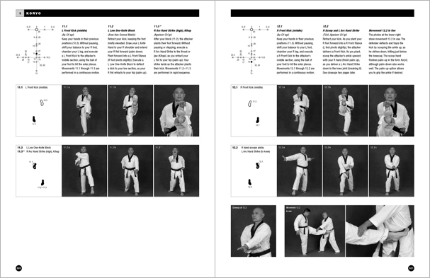 Sample pages from 'Taekwondo: Complete WTF Forms', an in-depth look at Taekwondo's most popular forms systems: Palgwae, Taeguk, and WTF Black Belt. Includes footwork diagrams and self-defense use.