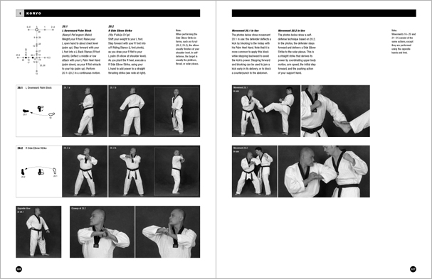 Sample pages from 'Taekwondo: Complete WTF Forms', an in-depth look at Taekwondo's most popular forms systems: Palgwae, Taeguk, and WTF Black Belt. Includes footwork diagrams and self-defense use.