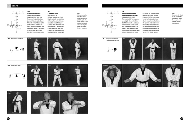 Sample pages from 'Taekwondo: Complete WTF Forms', an in-depth look at Taekwondo's most popular forms systems: Palgwae, Taeguk, and WTF Black Belt. Includes footwork diagrams and self-defense use.