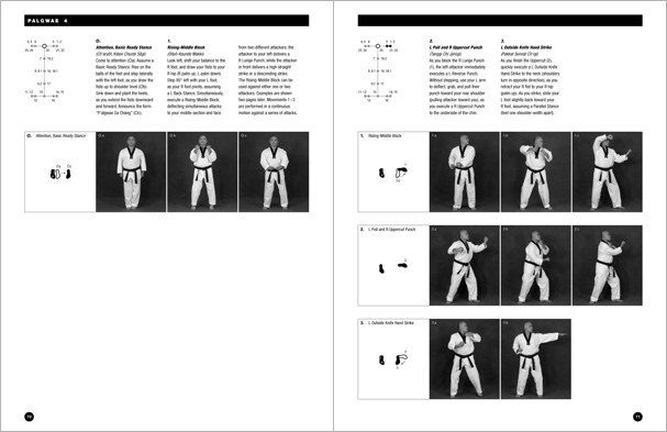 Sample pages from 'Taekwondo: Complete WTF Forms', an in-depth look at Taekwondo's most popular forms systems: Palgwae, Taeguk, and WTF Black Belt. Includes footwork diagrams and self-defense use.