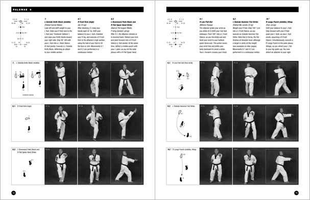 Sample pages from 'Taekwondo: Complete WTF Forms', an in-depth look at Taekwondo's most popular forms systems: Palgwae, Taeguk, and WTF Black Belt. Includes footwork diagrams and self-defense use.